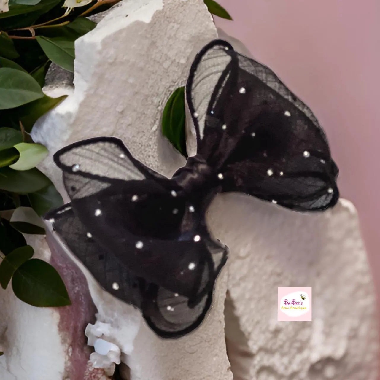 Black Organza Sparkly Ribbon Hair Bow Girls Holiday Bow Hair Clip