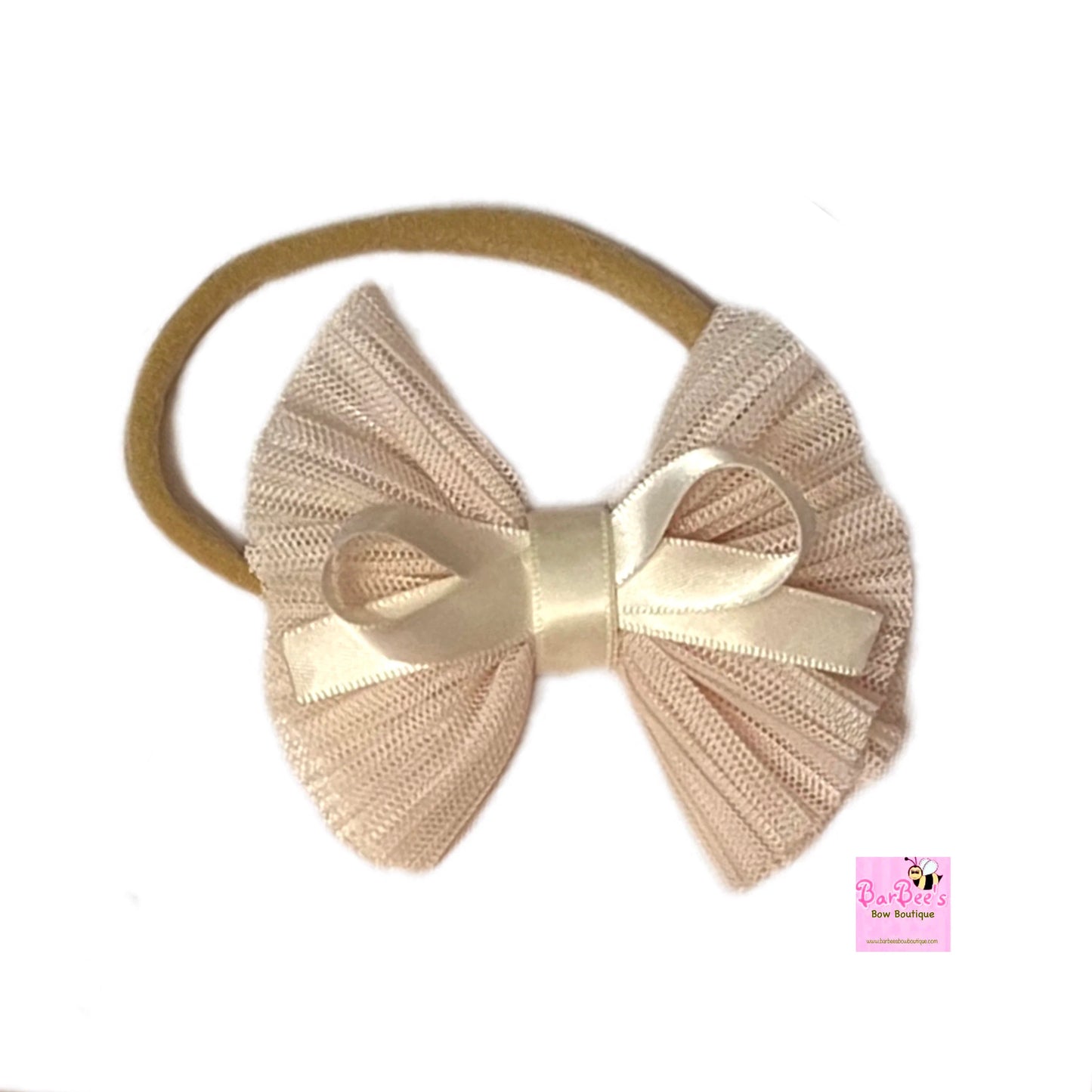 Crinkle Tulle Headband Hair Bow in Light Ivory