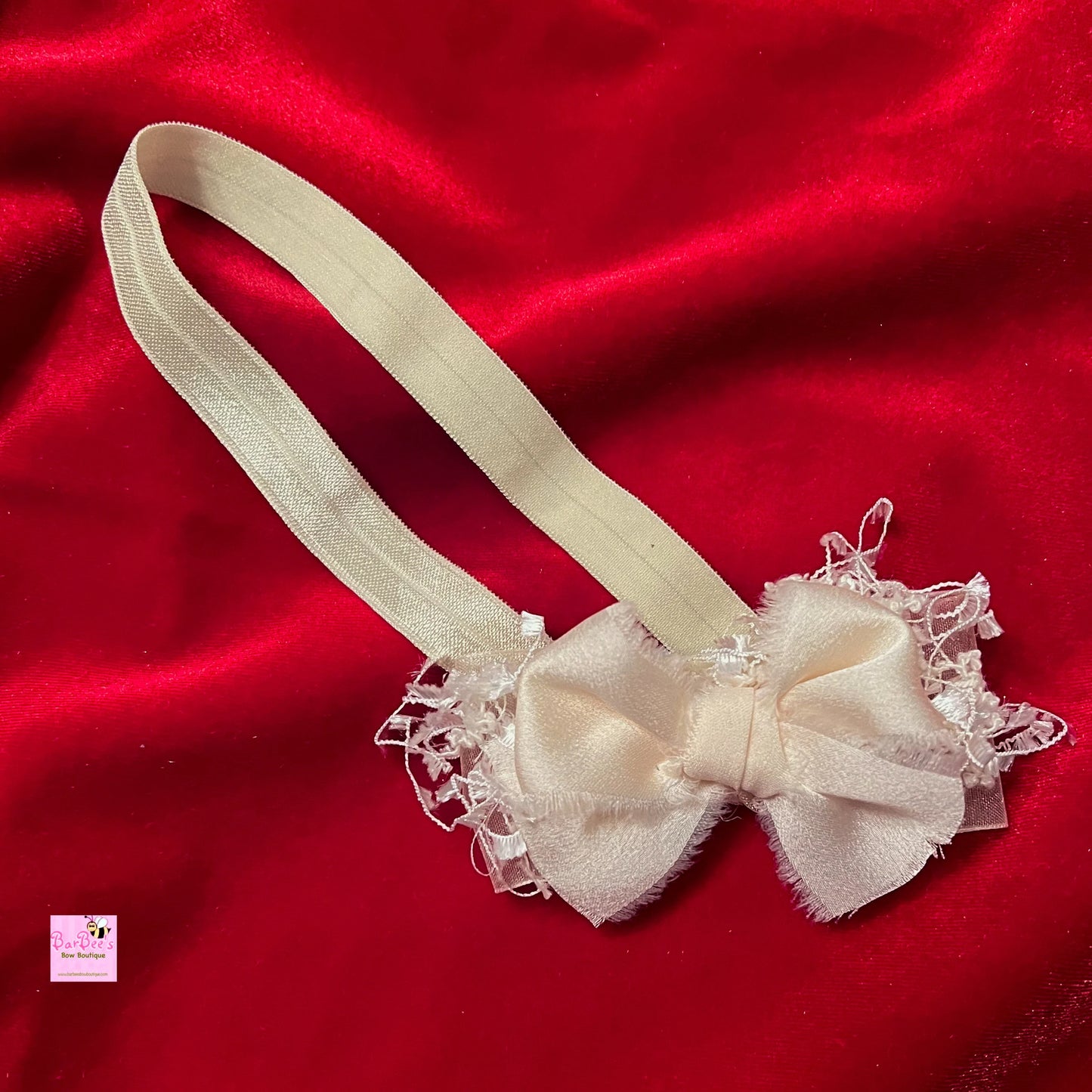 Ivory Satin and Organza Girl and Newborn Hair Bow Baptism Headband Bow Photo Prop