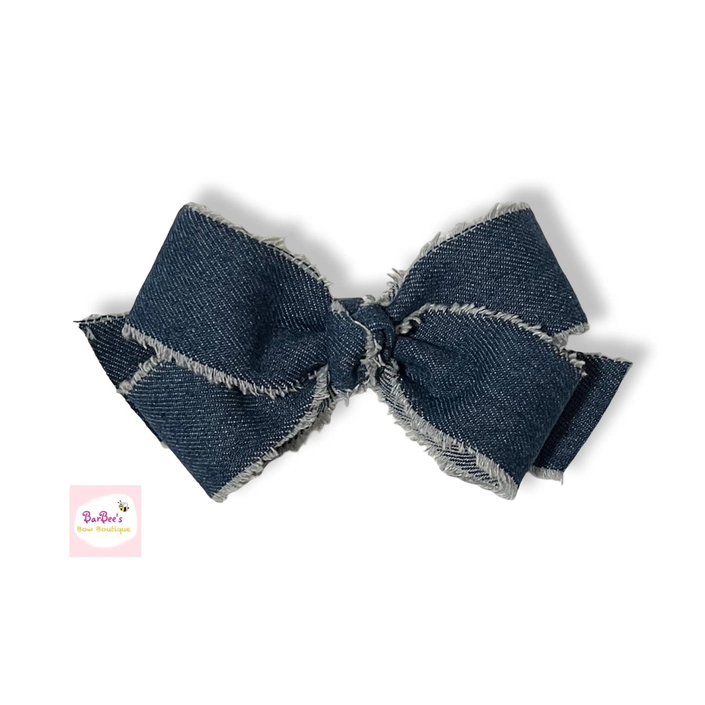 Denim Frayed Ribbon Hair Bow Clip Red or Dark Blue Denim Ribbon Bow