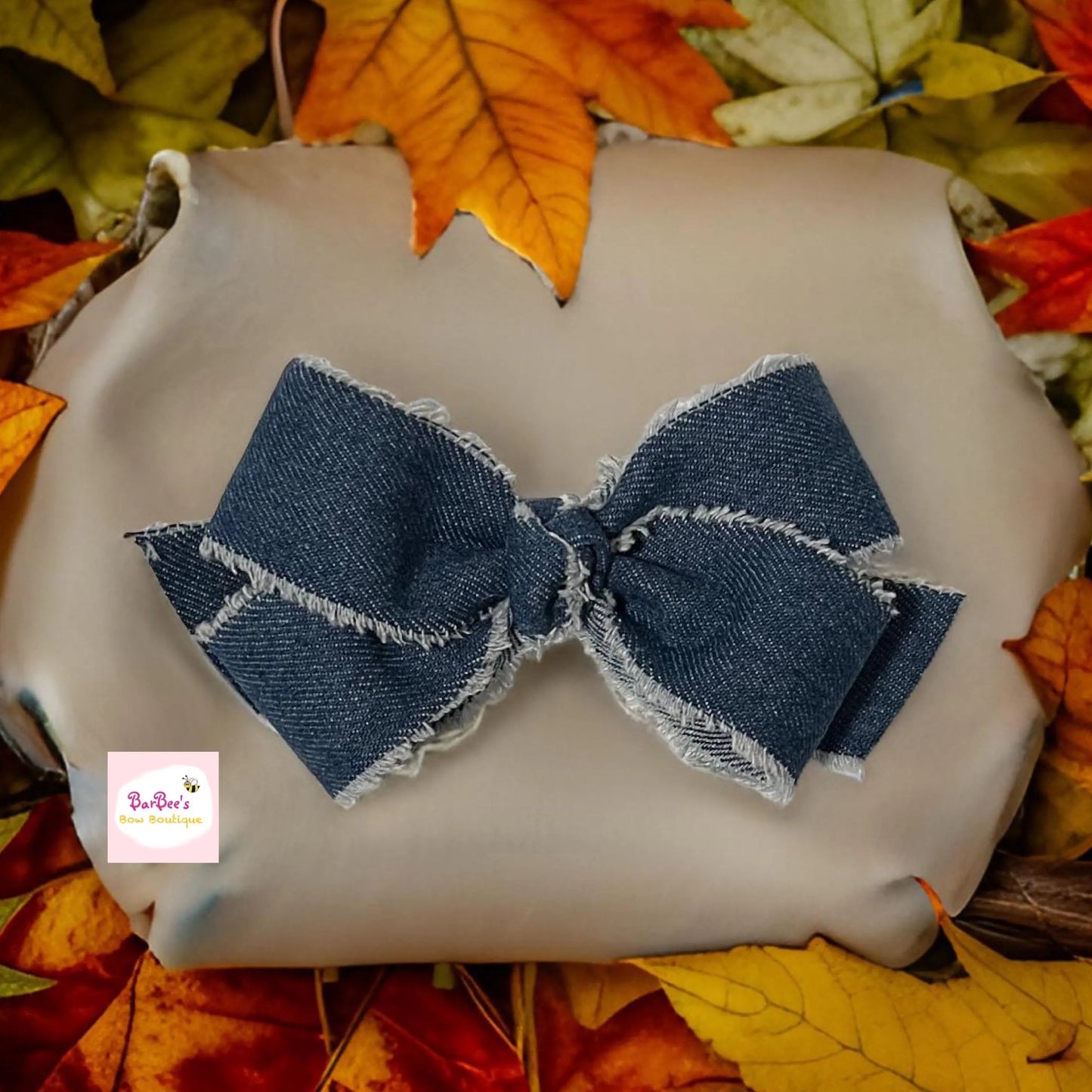 Denim Frayed Ribbon Hair Bow Clip Red or Dark Blue Denim Ribbon Bow