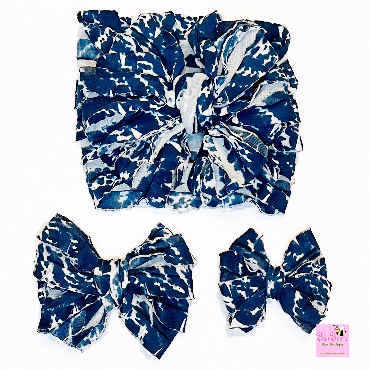 Navy Blue and White Print Ruffle Bow Headwrap and Hair Bows