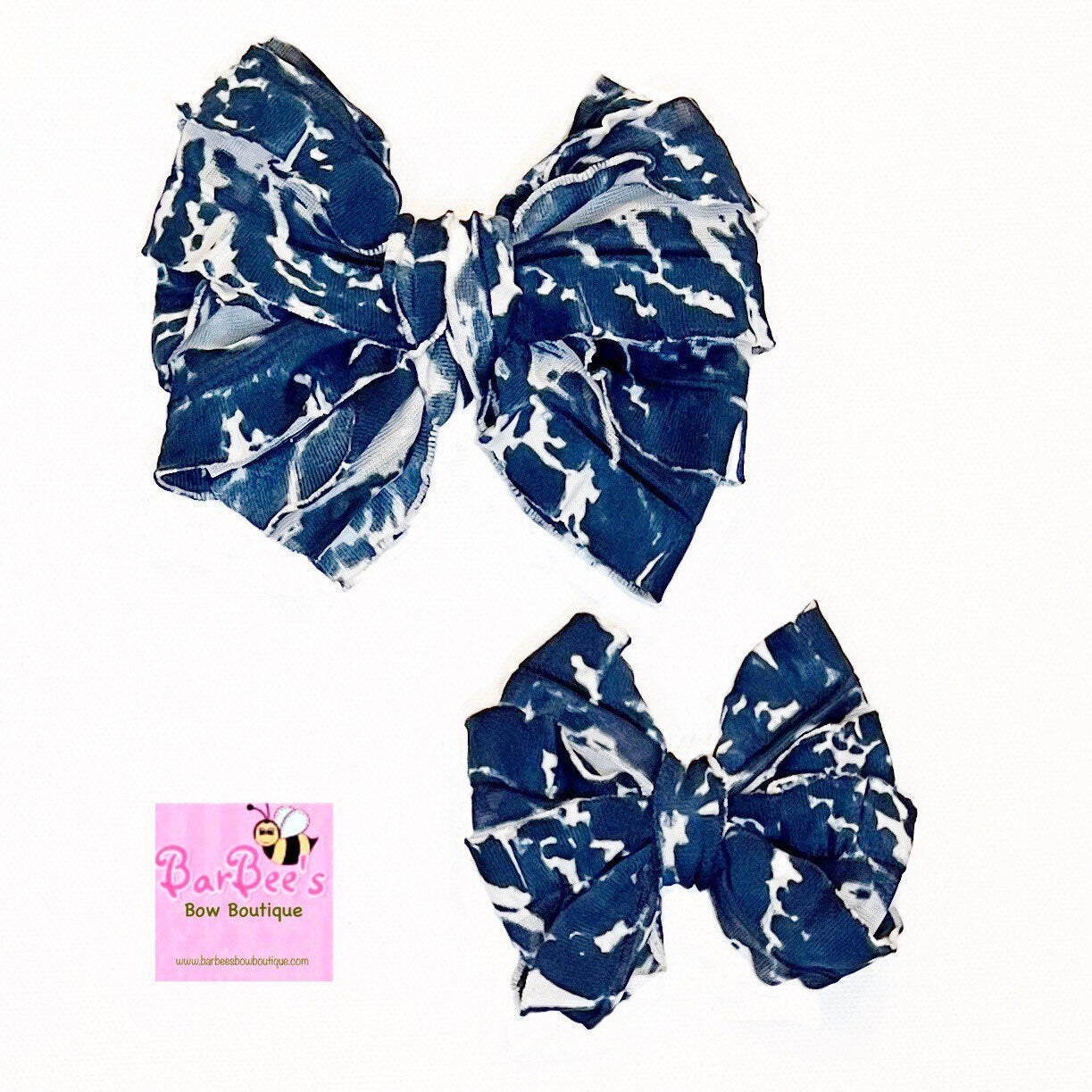 Navy Blue and White Print Ruffle Bow Headwrap and Hair Bows