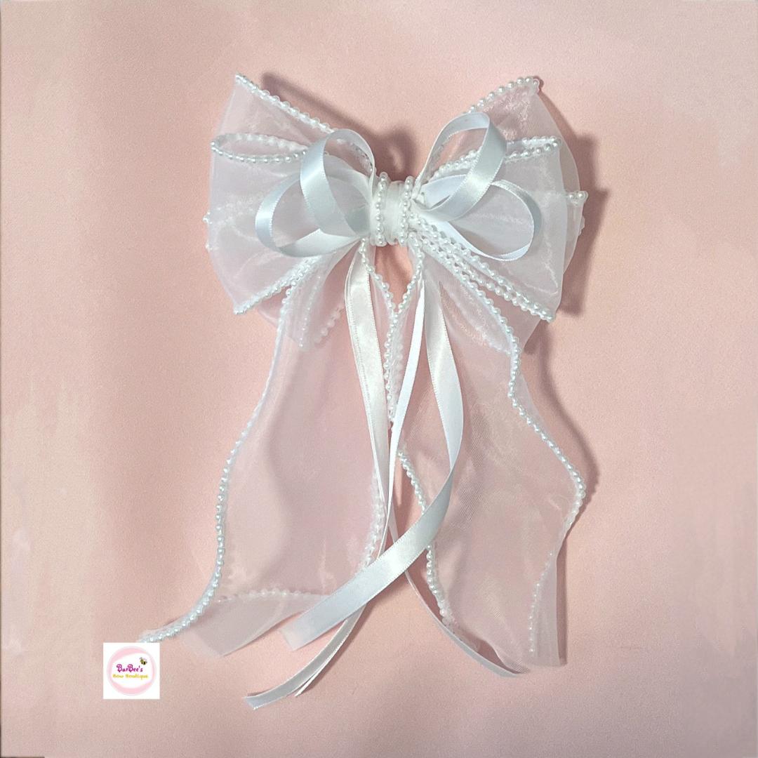 Pearl Edge Long Tail Organza Ribbon Hair Bow White, Pink, Blue