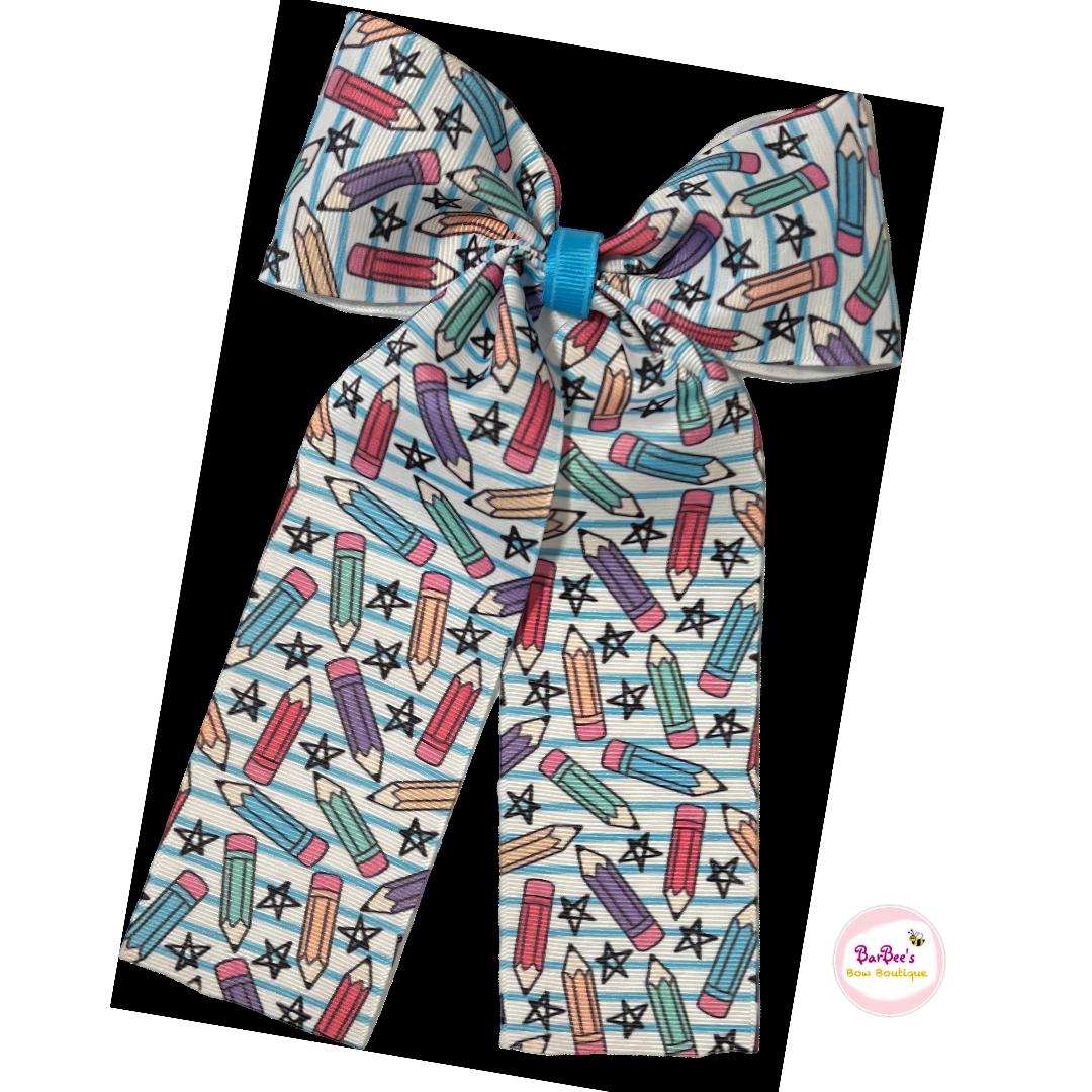 Long Tail Tassel Pencil Print Grosgrain Ribbon Hair Bow Clip