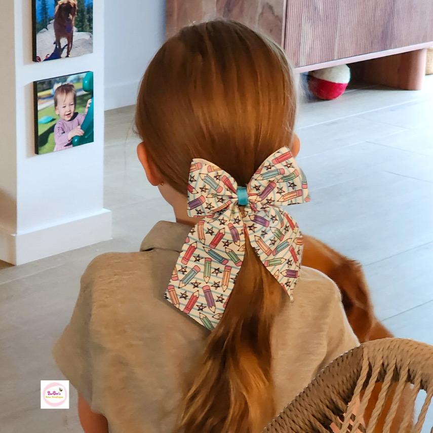 Long Tail Tassel Pencil Print Grosgrain Ribbon Hair Bow Clip