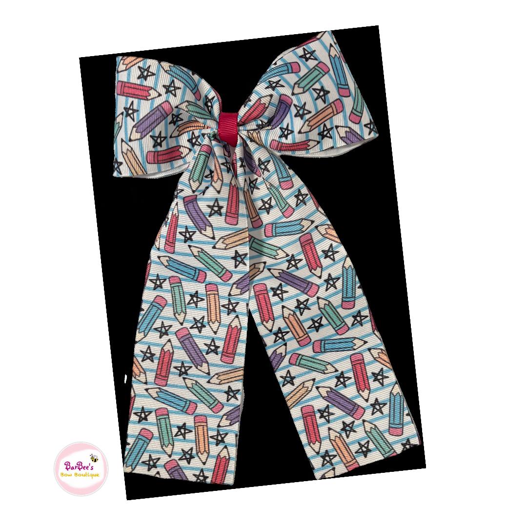 Long Tail Tassel Pencil Print Grosgrain Ribbon Hair Bow Clip
