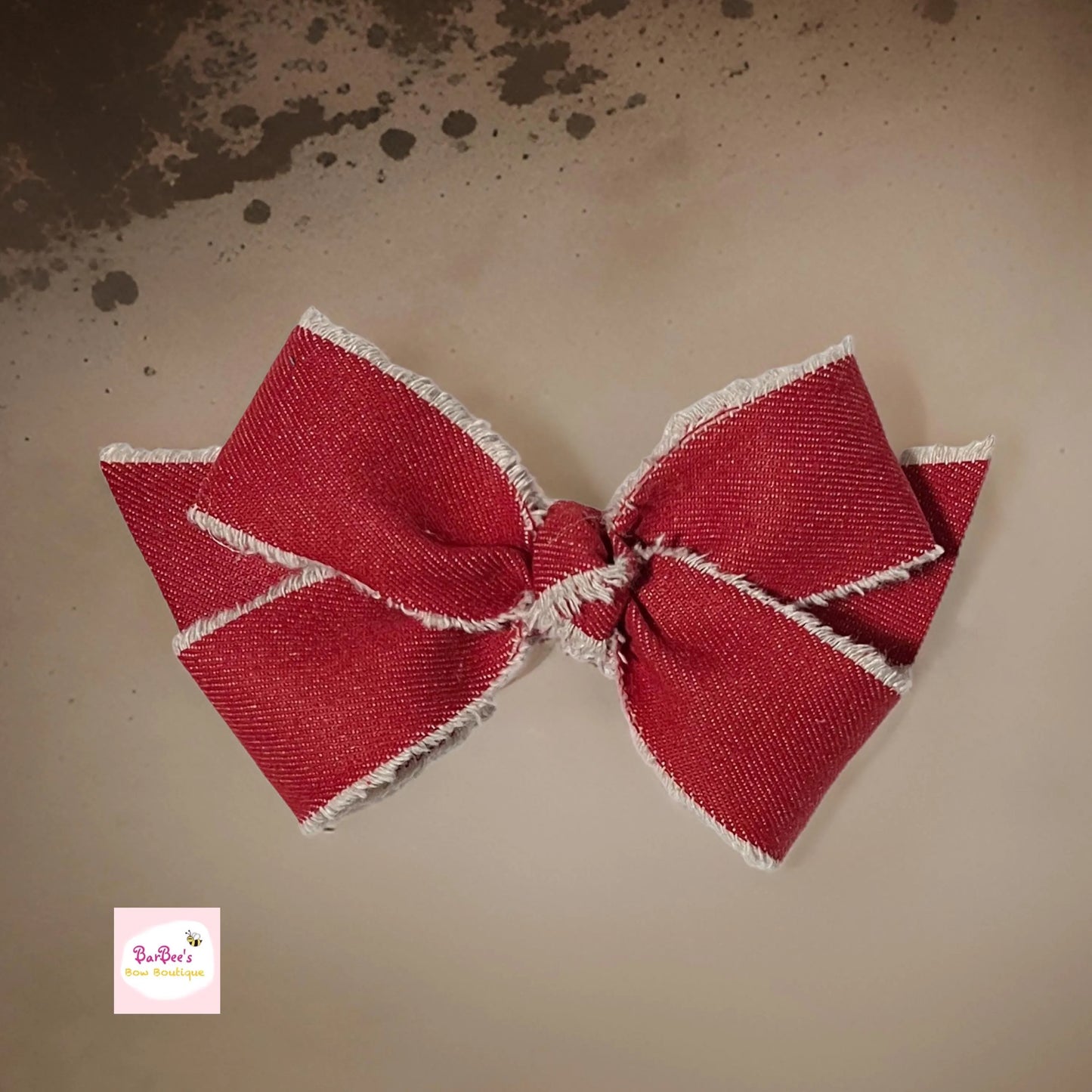 Denim Frayed Ribbon Hair Bow Clip Red or Dark Blue Denim Ribbon Bow