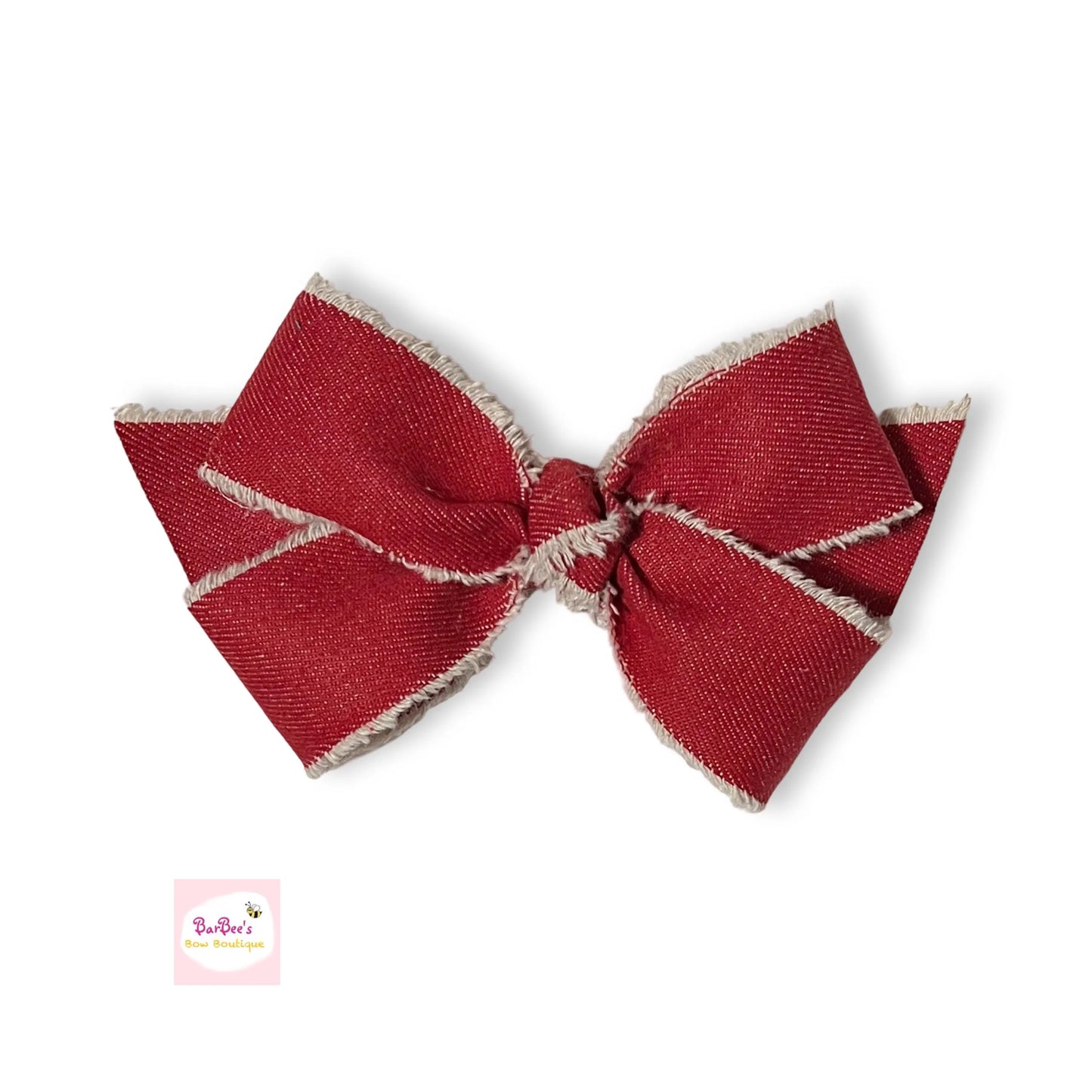 Denim Frayed Ribbon Hair Bow Clip Red or Dark Blue Denim Ribbon Bow