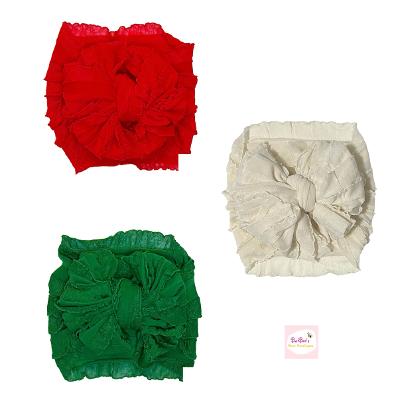 Emerald Green, Ivory and Red Ruffle Bow HeadWrap Set of 3