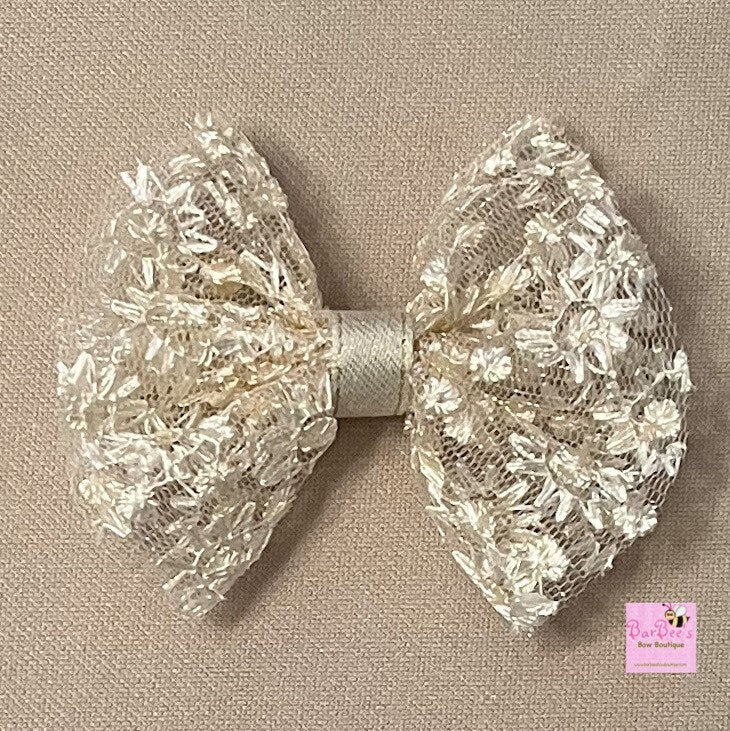 Tulle Embroidered Hair Bow in Ivory or Pink, with or without Pearl Embellishment