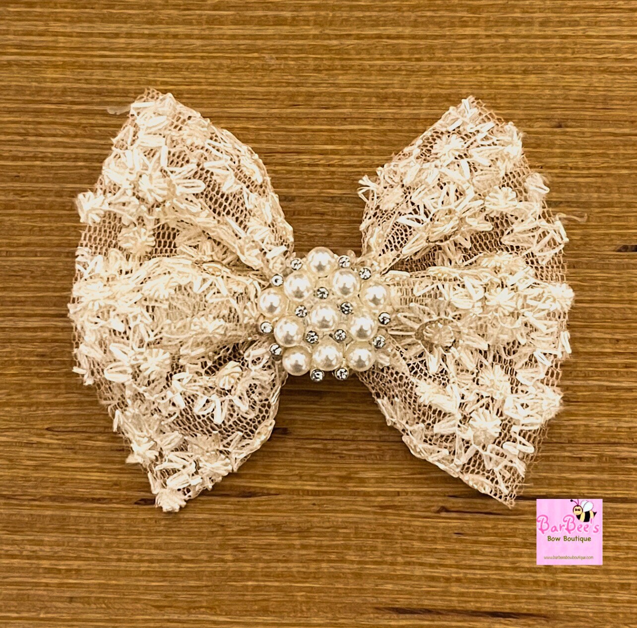 Tulle Embroidered Hair Bow in Ivory or Pink, with or without Pearl Embellishment