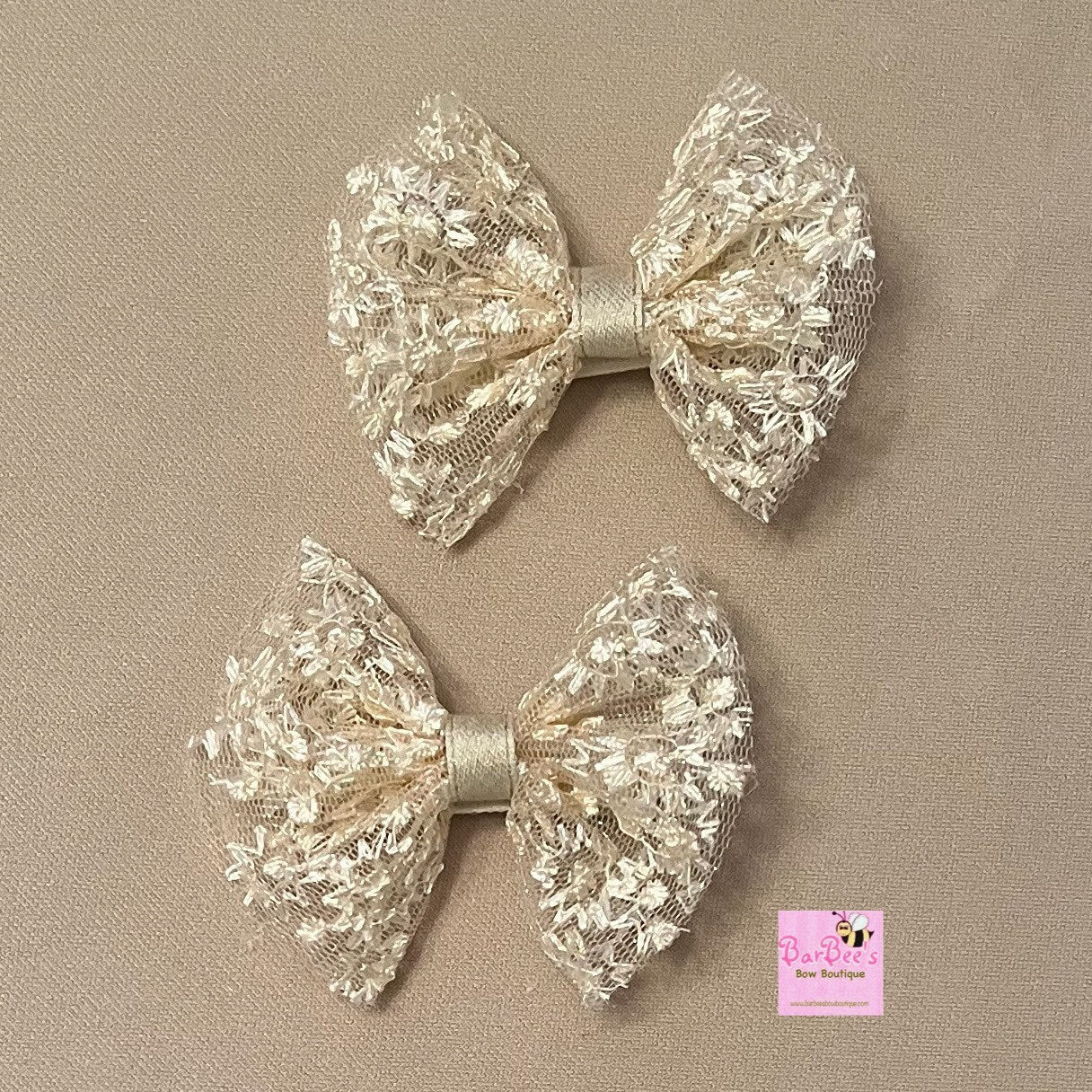 Tulle Embroidered Hair Bow in Ivory or Pink, with or without Pearl Embellishment