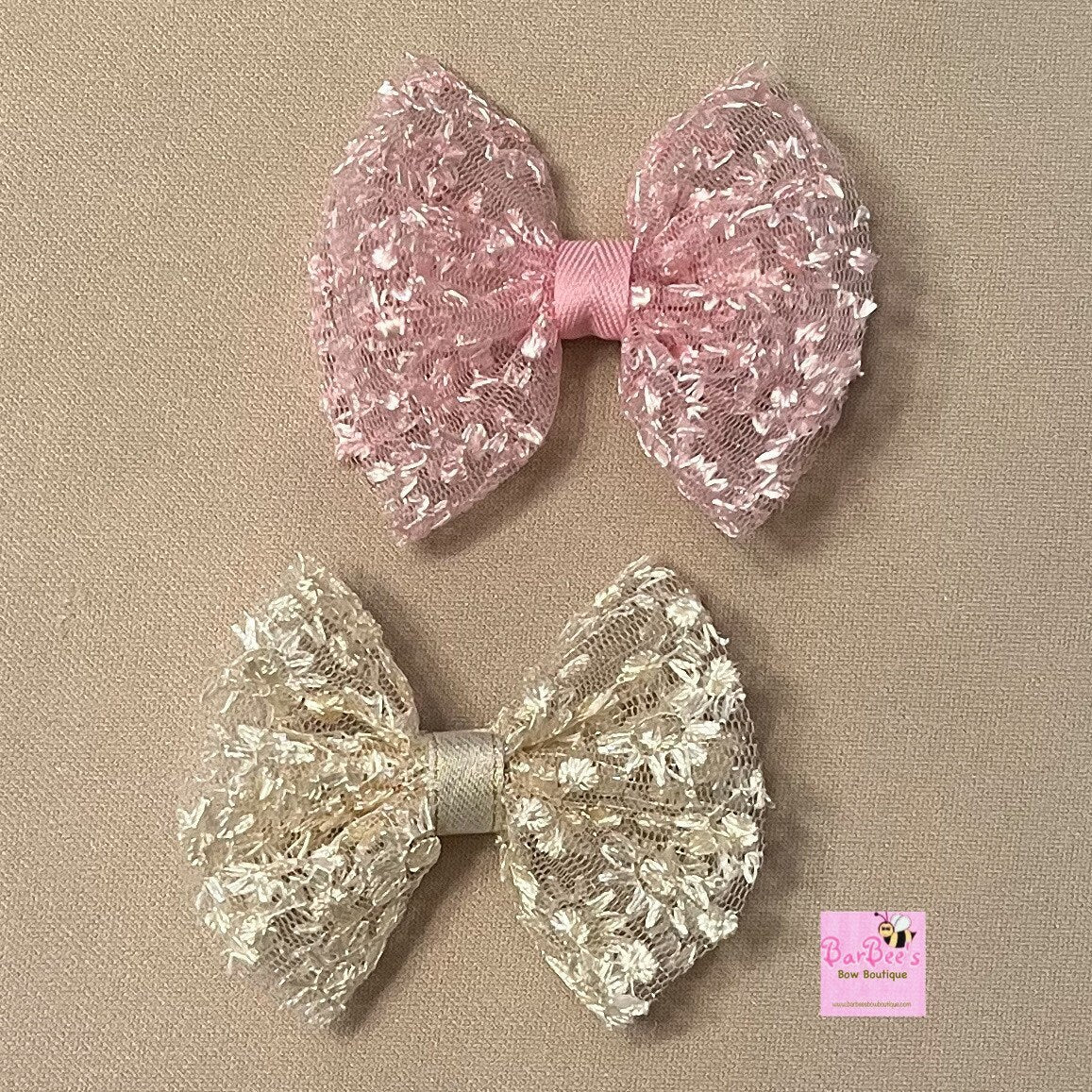 Tulle Embroidered Hair Bow in Ivory or Pink, with or without Pearl Embellishment