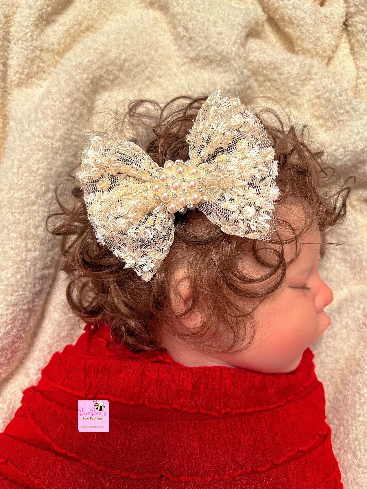 Tulle Embroidered Hair Bow in Ivory or Pink, with or without Pearl Embellishment