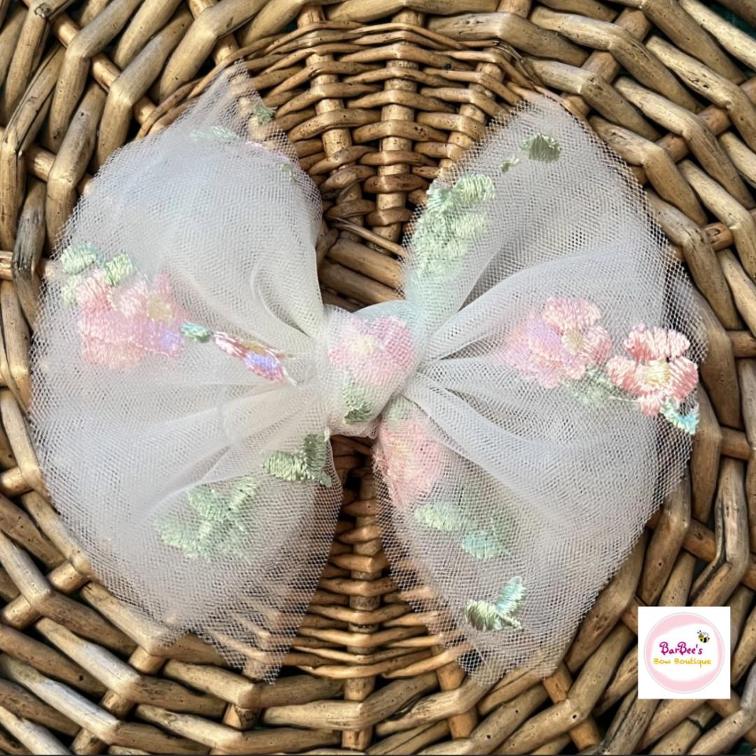 Tulle Pink Embroidered Floral Hair Bow Headband