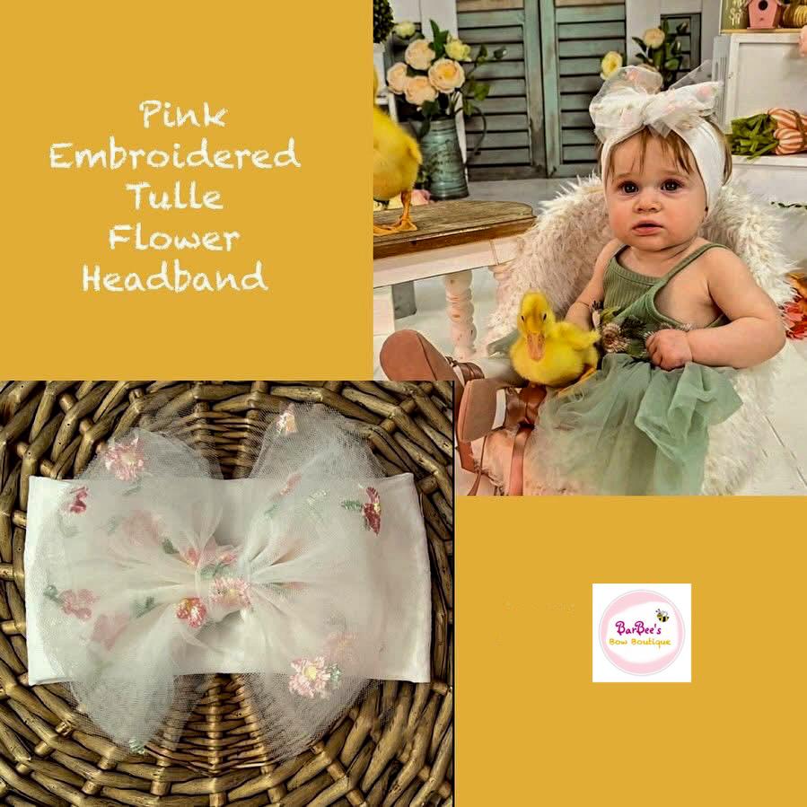 Tulle Pink Embroidered Floral Hair Bow Headband
