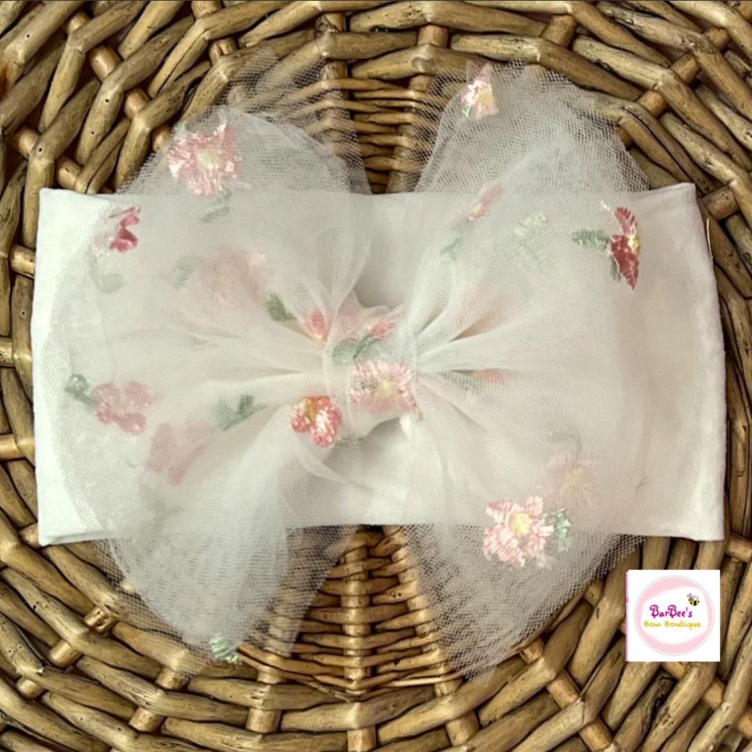 Tulle Pink Embroidered Floral Hair Bow Headband