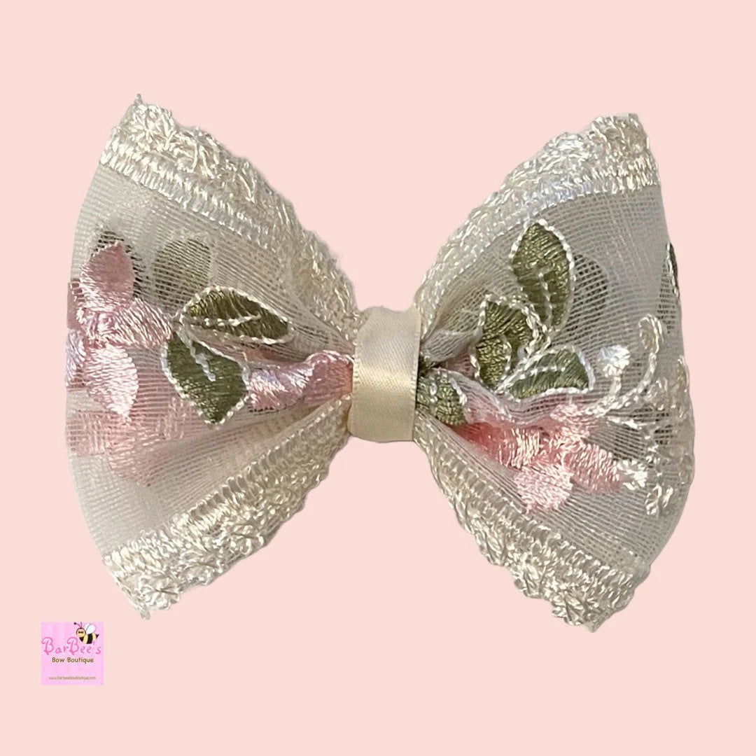 Mini 3" Ivory Chiffon Embroidered with Pink Flowers Hair Bow and Piggy Bows