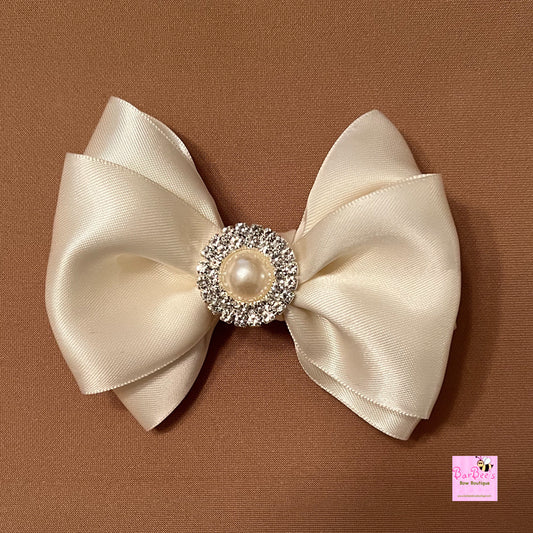 Antique White Satin Ribbon Hair Bow with Embelishment