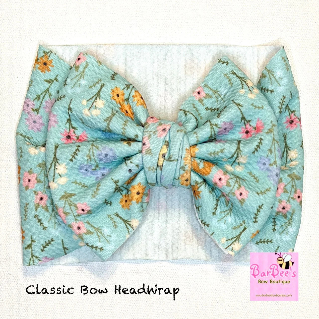 Aqua Wildflower Baby Girl Messy or Classic Bow HeadWrap and Hair Bow