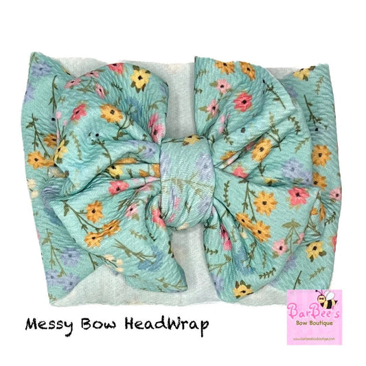 Aqua Wildflower Baby Girl Messy or Classic Bow HeadWrap and Hair Bow