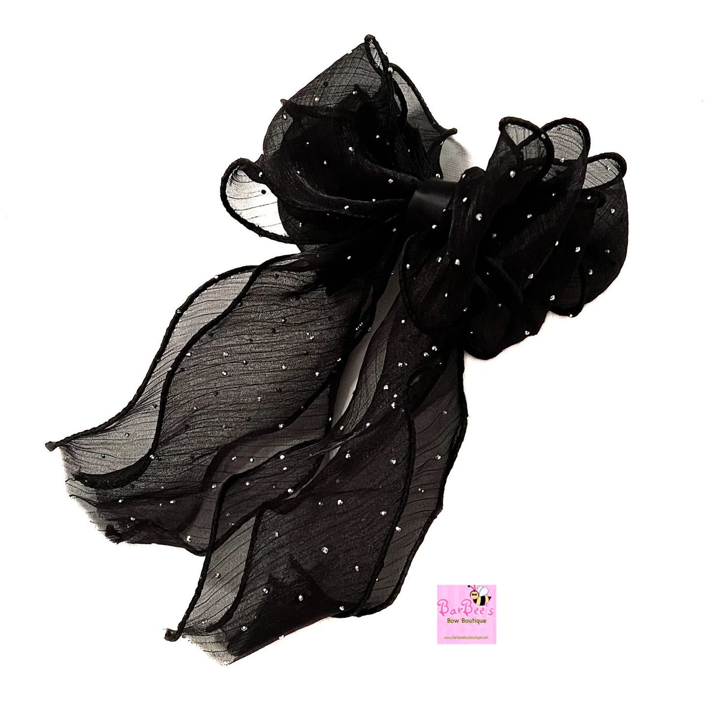 Black Organza Long Tail Ribbon Hair Bow Clip Multilayered Organza Shimmer Bow