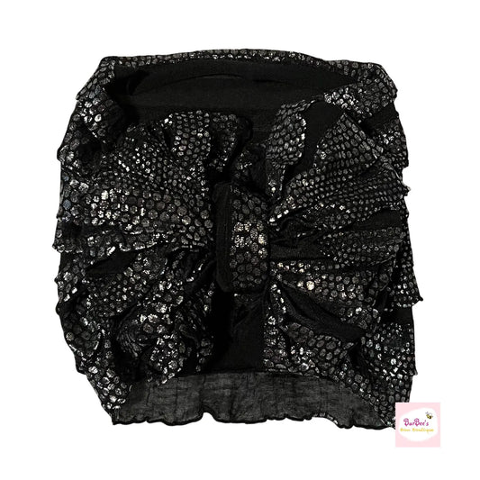 Black with Silver Dots Ruffle Bow HeadWrap and Hair Bows