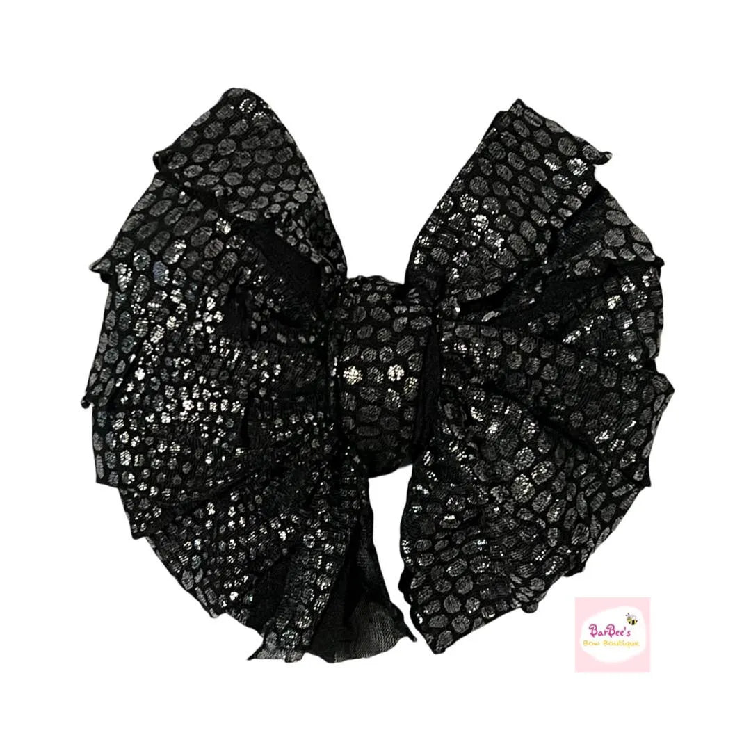 Black with Silver Dots Ruffle Bow HeadWrap and Hair Bows