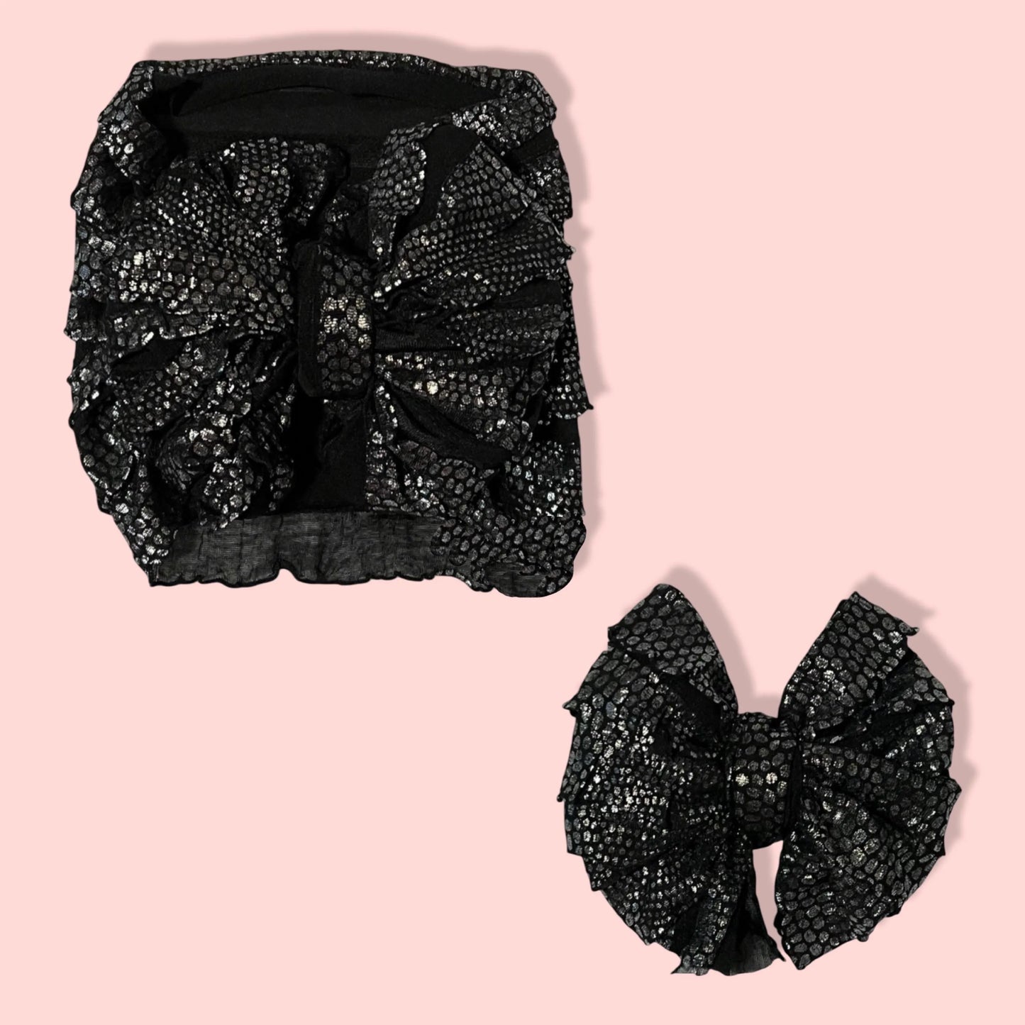 Black with Silver Dots Ruffle Bow HeadWrap and Hair Bows