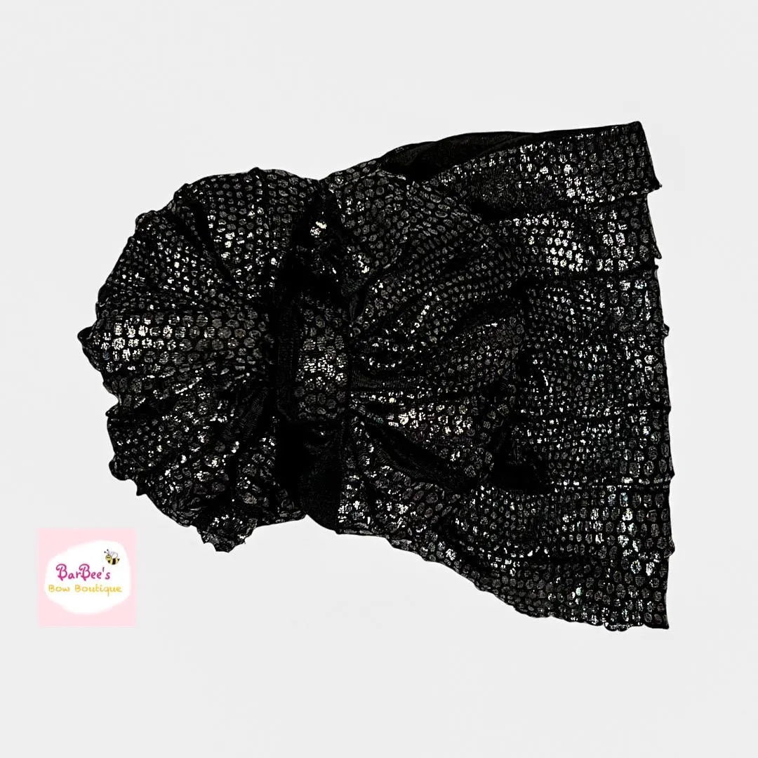 Black with Silver Dots Ruffle Bow HeadWrap and Hair Bows