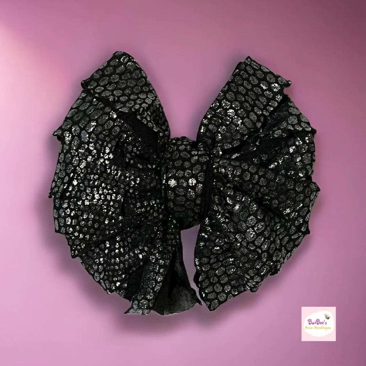 Black with Silver Dots Ruffle Bow HeadWrap and Hair Bows