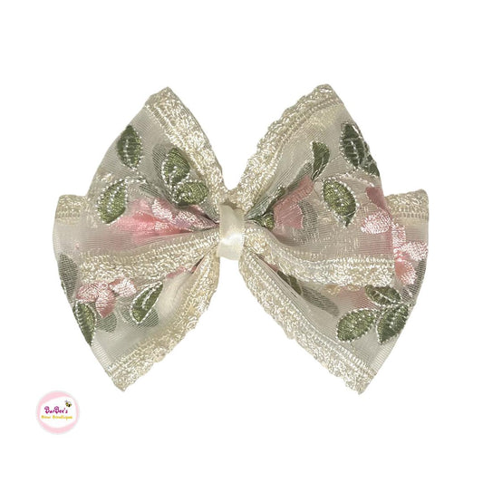 Ivory Chiffon Embroidered with Pink Flowers Hair Bow Toddler Girl Hair Bow Clip