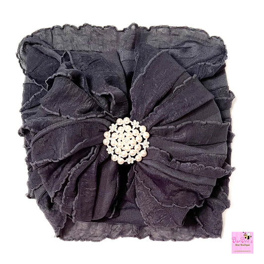 Charcoal Ruffle Bow HeadWrap with Pearl Embellishment