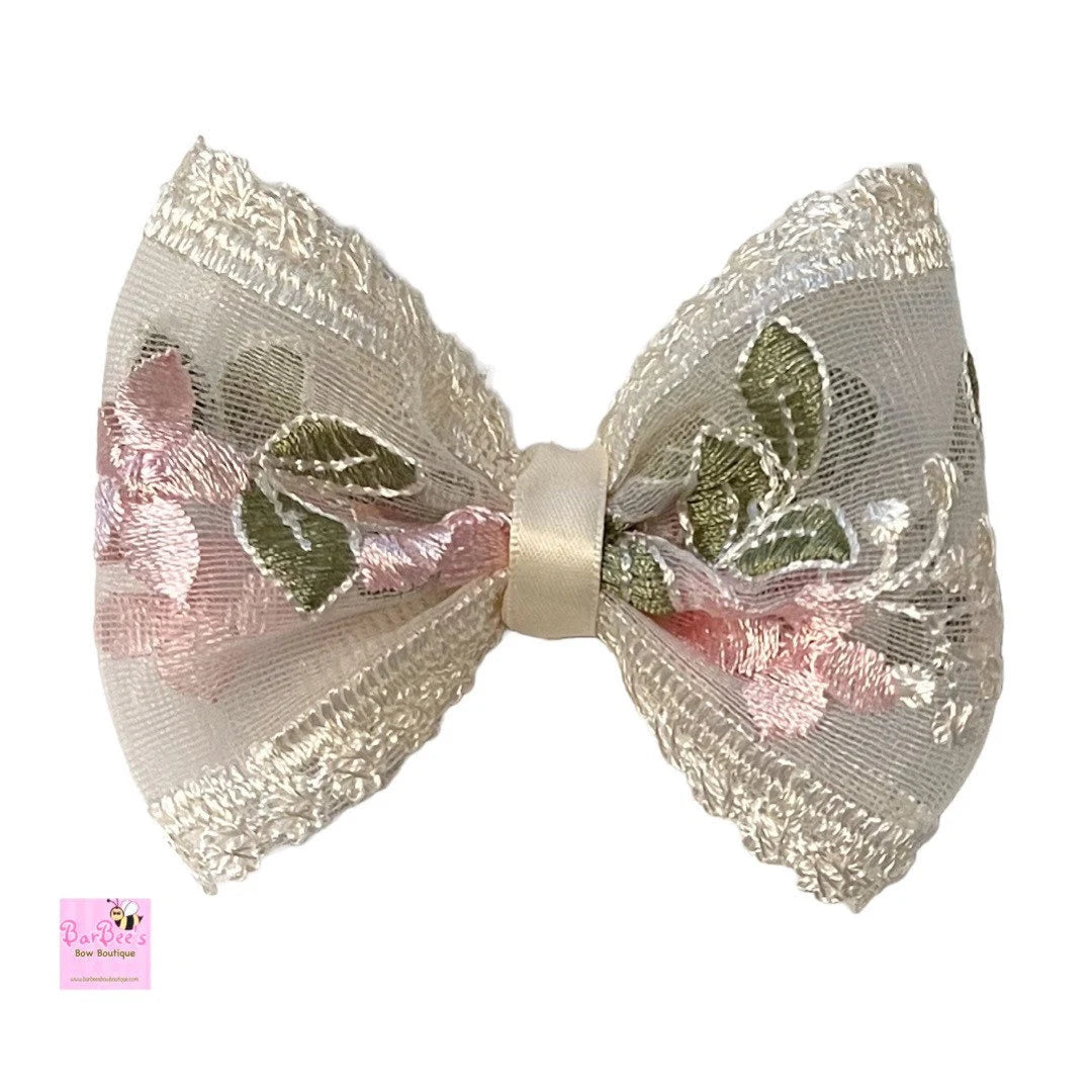 Mini 3" Ivory Chiffon Embroidered with Pink Flowers Hair Bow and Piggy Bows