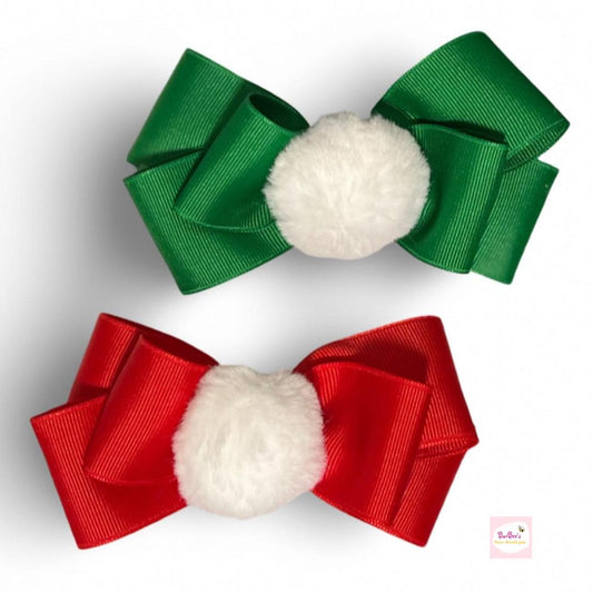 Baby Girl Puffy Christmas Ribbon Hair Bow and Piggy Set in Green or Red