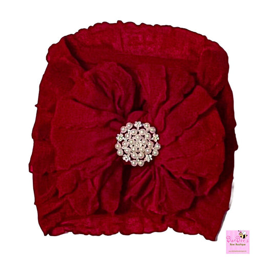 Cranberry Ruffle Bow HeadWrap With Pearl Cluster