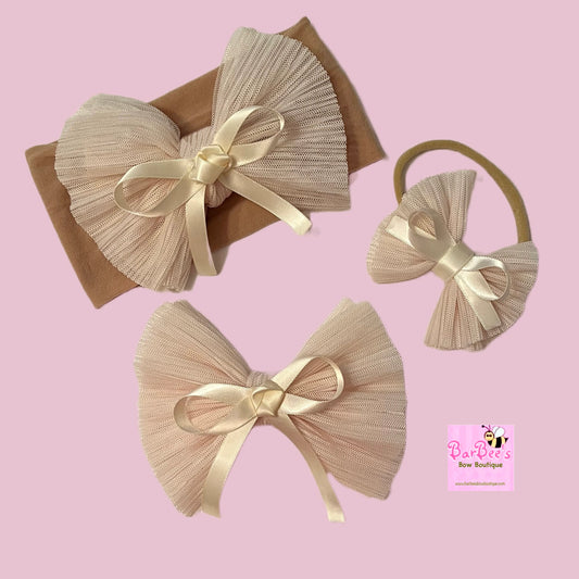 Crinkle Tulle Headband Hair Bow in Light Ivory