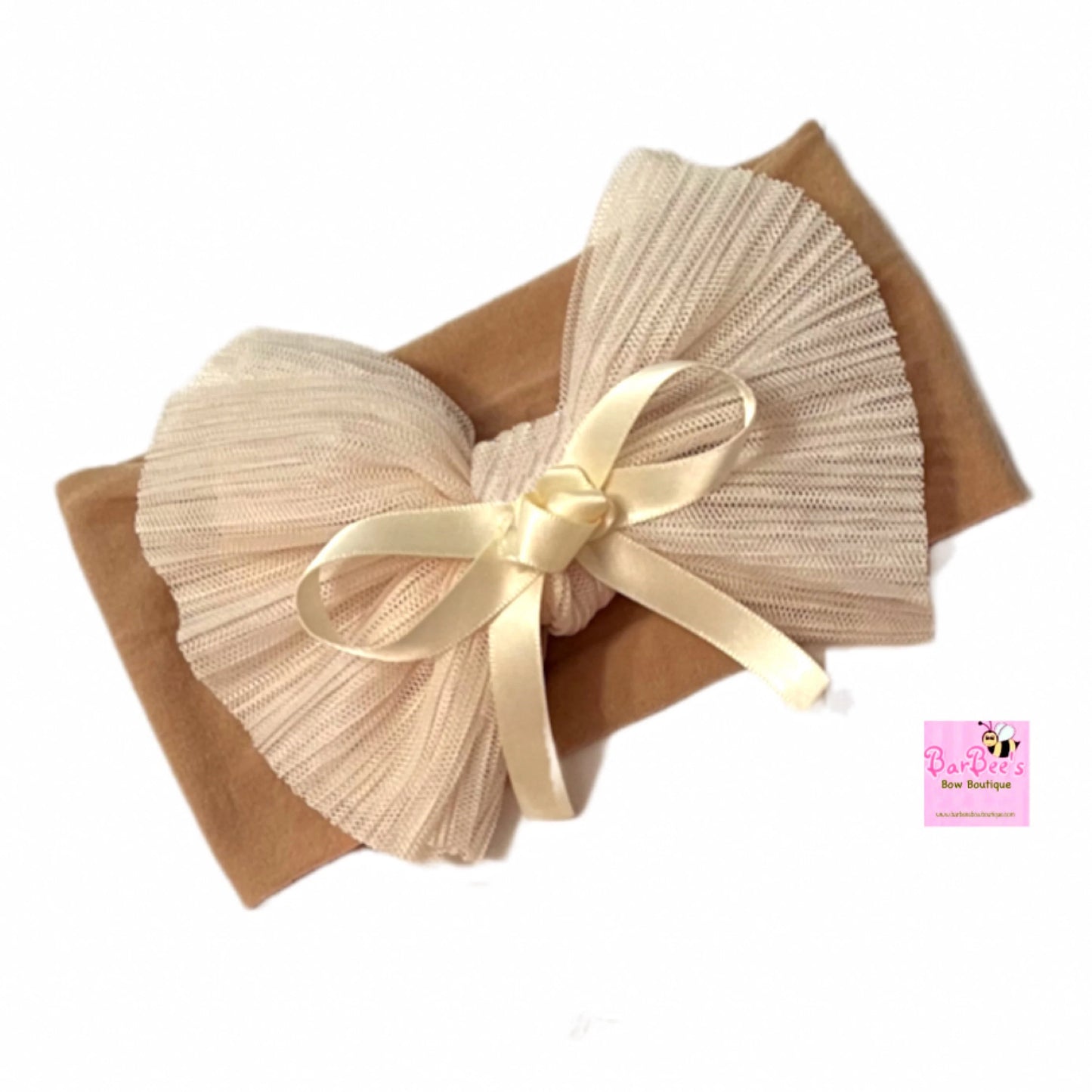 Crinkle Tulle Headband Hair Bow in Light Ivory