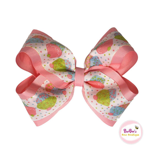 Classic Grosgrain Double Knot Cup Cake Print Ribbon Hair Bow Interchangable Hair Bow