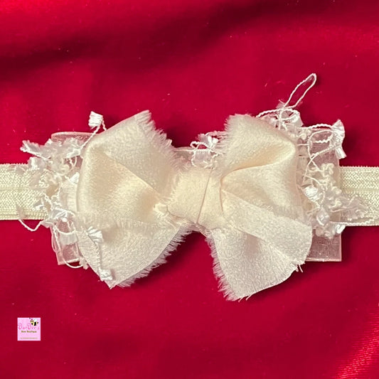 Ivory Satin and Organza Girl and Newborn Hair Bow Baptism Headband Bow Photo Prop