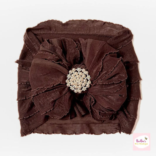 Dark Chocolate Ruffle Bow HeadWrap with Pearl Embellishment