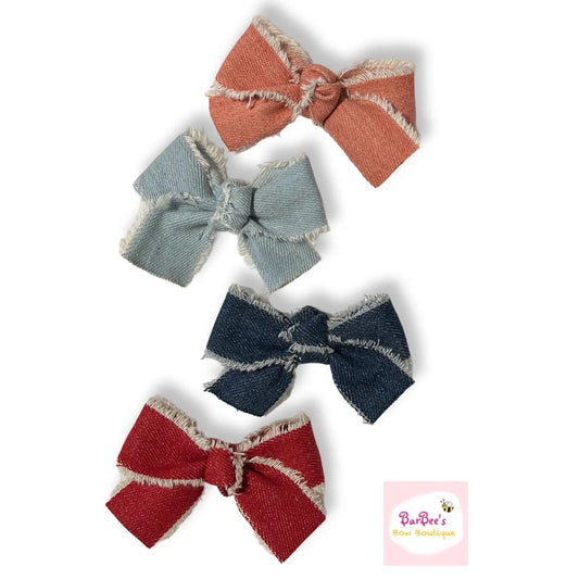 Denim Frayed Knot Hair Bow Clip Red, Light Blue, Dark Bue, Pink