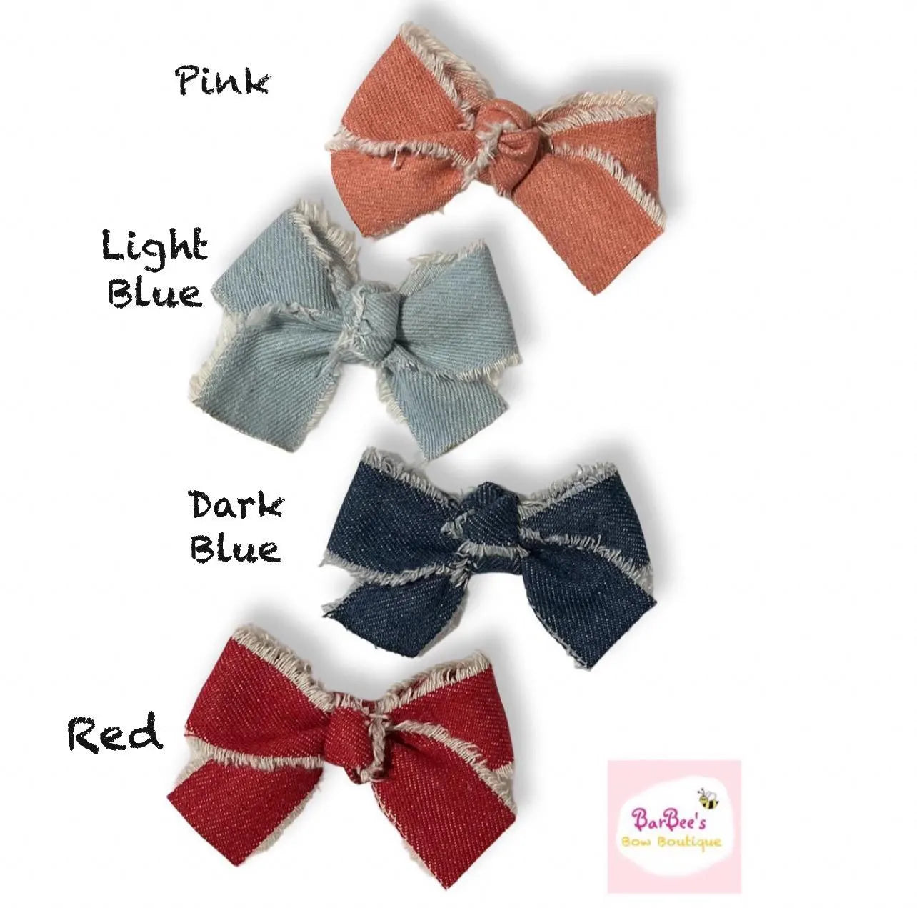 Denim Frayed Knot Hair Bow Clip Red, Light Blue, Dark Bue, Pink