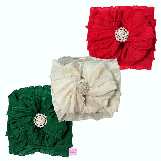 Set of 3 Green, Red and Ivory Ruffle Bow Headwrap with Pearl Cluster Set of 3