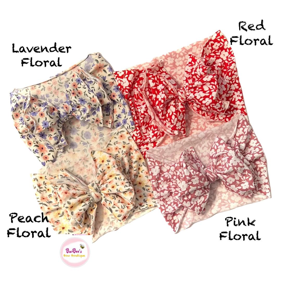 Floral Soft Knit Messy Bow Headwrap Pink, Lavender, Red, Peach