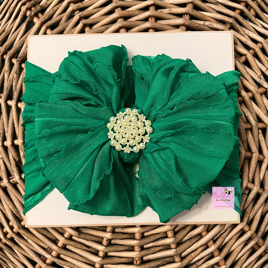 Christmas Green  Ruffle Bow HeadWrap with Pearl Embellishment