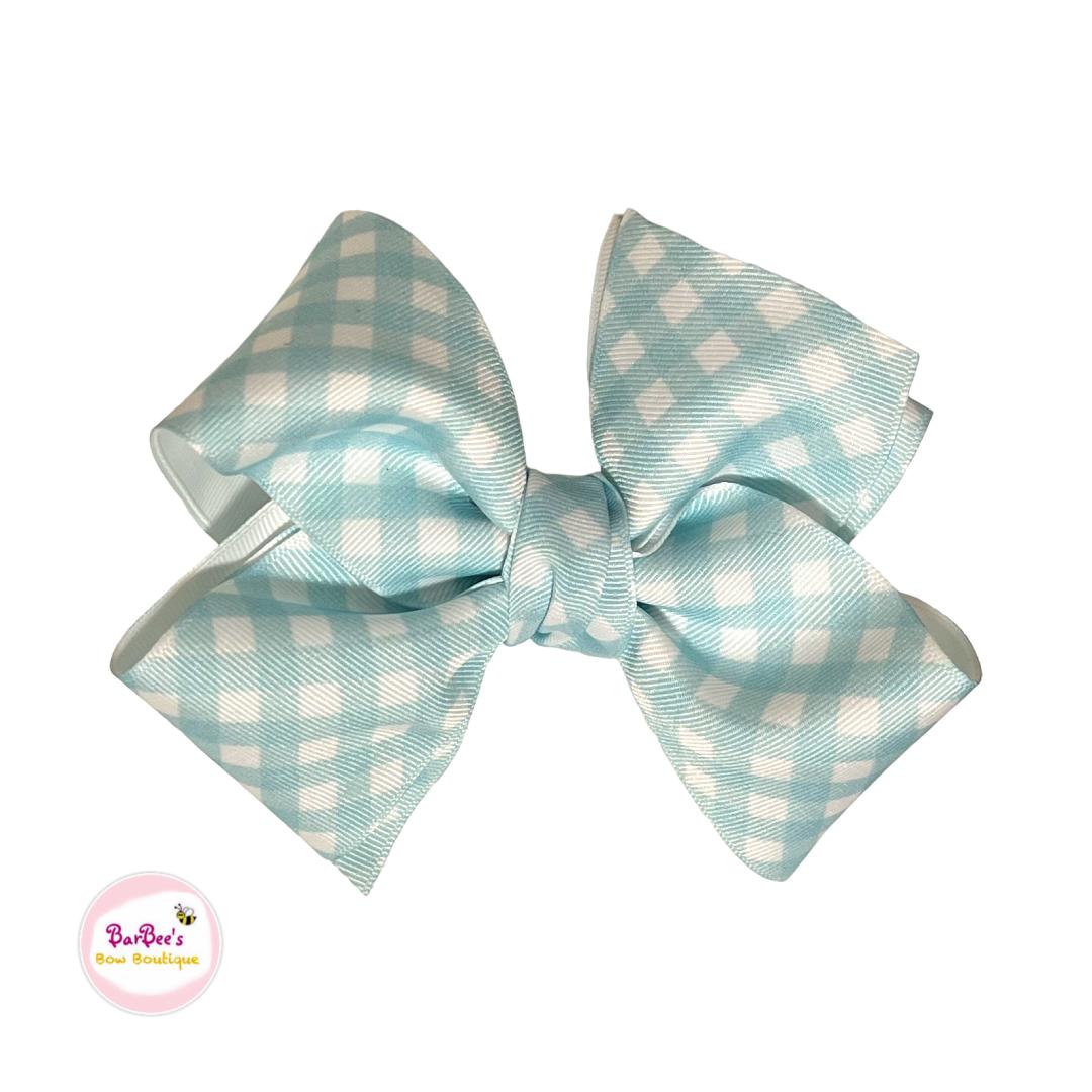 Spring Gingham Classic Double Ribbon Hair Bow on Clip Aua, Orchid, Pink, Yellow