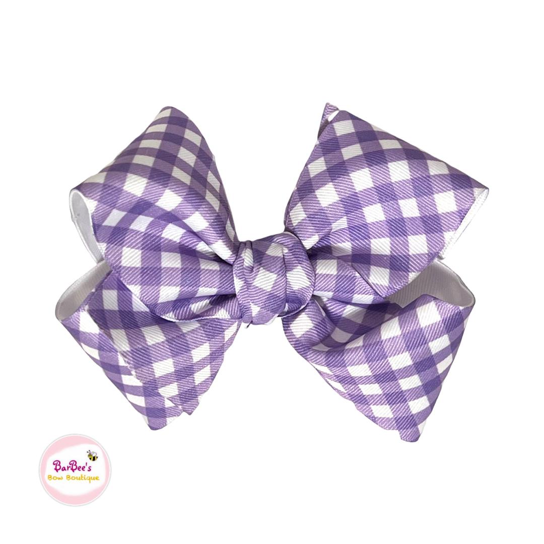 Spring Gingham Classic Double Ribbon Hair Bow on Clip Aua, Orchid, Pink, Yellow