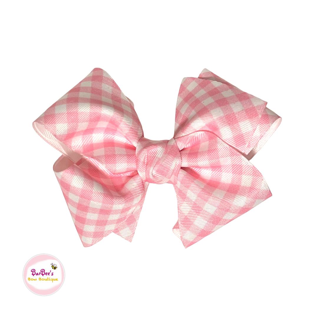 Spring Gingham Classic Double Ribbon Hair Bow on Clip Aua, Orchid, Pink, Yellow